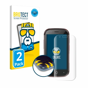 Parte frontal de un envase de producto con el logotipo de la marca BROTECT. Al lado se muestra el dispositivo Unihertz Jelly S