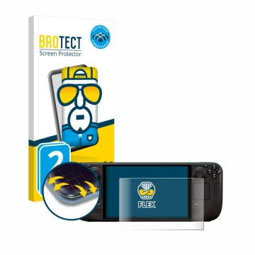 Parte frontal de un envase de producto con el logotipo de la marca BROTECT. Al lado se muestra el dispositivo Valve Steam Deck