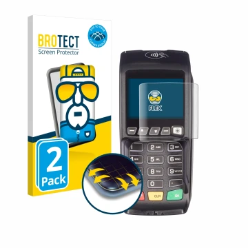 Parte frontal de un envase de producto con el logotipo de la marca BROTECT. Al lado se muestra el dispositivo ingenico Desk/35