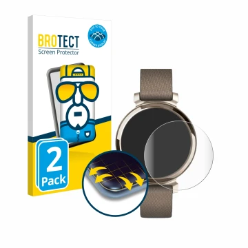 Parte frontal de un envase de producto con el logotipo de la marca BROTECT. Al lado se muestra el dispositivo Garmin Lily 2 co