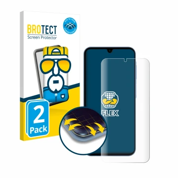 Parte frontal de un envase de producto con el logotipo de la marca BROTECT. Al lado se muestra el dispositivo Samsung Galaxy A