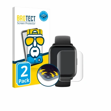 Parte frontal de un envase de producto con el logotipo de la marca BROTECT. Al lado se muestra el dispositivo Amazfit Active c