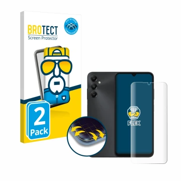 Parte frontal de un envase de producto con el logotipo de la marca BROTECT. Al lado se muestra el dispositivo Samsung Galaxy A