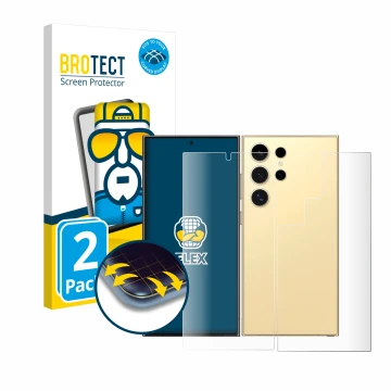 Parte frontal de un envase de producto con el logotipo de la marca BROTECT. Al lado se muestra el dispositivo Samsung Galaxy S