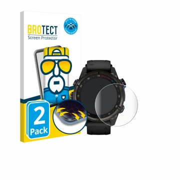 Parte frontal de un envase de producto con el logotipo de la marca BROTECT. Al lado se muestra el dispositivo Garmin Descent M