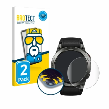 Parte frontal de un envase de producto con el logotipo de la marca BROTECT. Al lado se muestra el dispositivo Zeblaze Stratos 