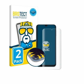 Parte frontal de un envase de producto con el logotipo de la marca BROTECT. Al lado se muestra el dispositivo Samsung Galaxy M