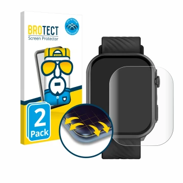 Parte frontal de un envase de producto con el logotipo de la marca BROTECT. Al lado se muestra el dispositivo Yuede Smartwatch