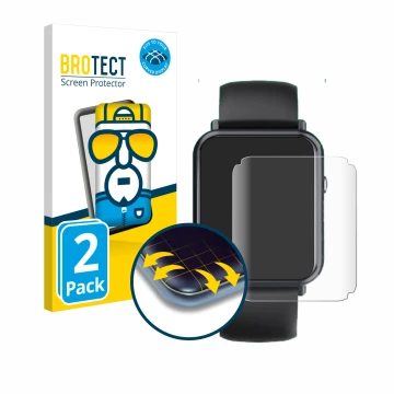 Parte frontal de un envase de producto con el logotipo de la marca BROTECT. Al lado se muestra el dispositivo Sross Smartwatch