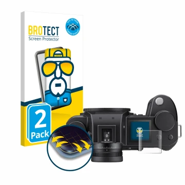 Parte frontal de un envase de producto con el logotipo de la marca BROTECT. Al lado se muestra el dispositivo Leica SL3 (panta