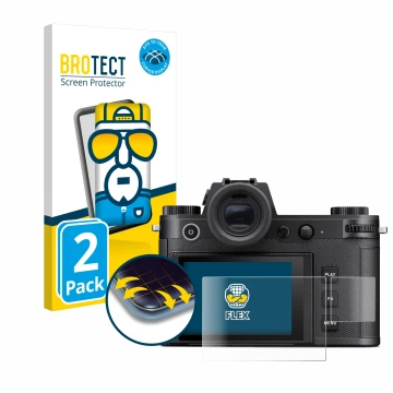 Parte frontal de un envase de producto con el logotipo de la marca BROTECT. Al lado se muestra el dispositivo Leica SL3 (Panta