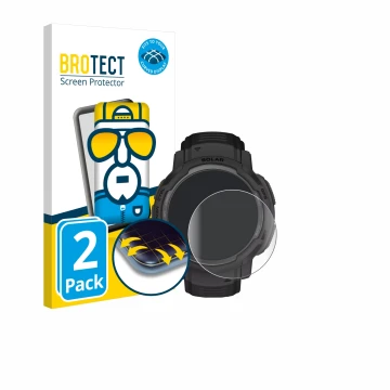 Parte frontal de un envase de producto con el logotipo de la marca BROTECT. Al lado se muestra el dispositivo Garmin Instinct 