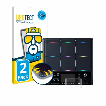 Parte frontal de un envase de producto con el logotipo de la marca BROTECT. Al lado se muestra el dispositivo Roland SPD-SX PR