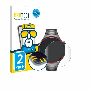 Parte frontal de un envase de producto con el logotipo de la marca BROTECT. Al lado se muestra el dispositivo Huawei Watch 4 P