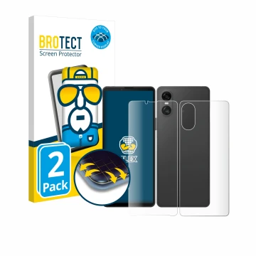 Parte frontal de un envase de producto con el logotipo de la marca BROTECT. Al lado se muestra el dispositivo Sony Xperia 10 V