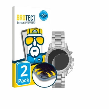 Parte frontal de un envase de producto con el logotipo de la marca BROTECT. Al lado se muestra el dispositivo Michael Kors Rit