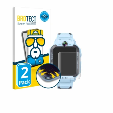 Parte frontal de un envase de producto con el logotipo de la marca BROTECT. Al lado se muestra el dispositivo Imoo Watch Phone