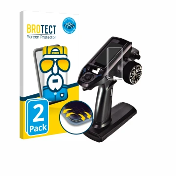 Parte frontal de un envase de producto con el logotipo de la marca BROTECT. Al lado se muestra el dispositivo Futaba T4PM Plus