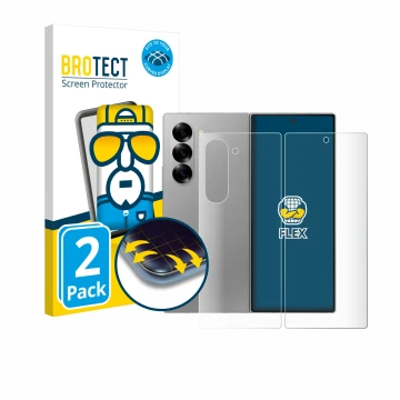 Parte frontal de un envase de producto con el logotipo de la marca BROTECT. Al lado se muestra el dispositivo Samsung Galaxy Z