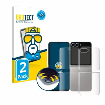 Parte frontal de un envase de producto con el logotipo de la marca BROTECT. Al lado se muestra el dispositivo Samsung Galaxy Z