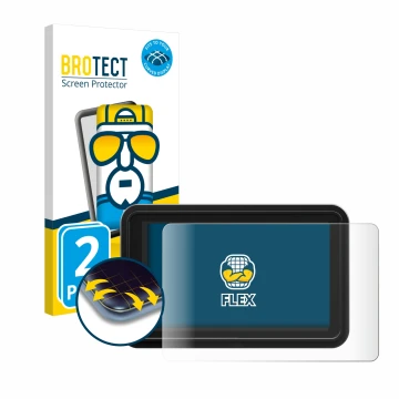 Parte frontal de un envase de producto con el logotipo de la marca BROTECT. Al lado se muestra el dispositivo Atomos Shinobi 2