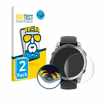 Parte frontal de un envase de producto con el logotipo de la marca BROTECT. Al lado se muestra el dispositivo Garmin Fenix E c