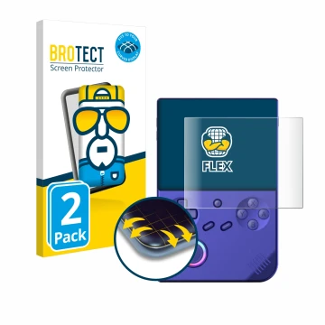 Parte frontal de un envase de producto con el logotipo de la marca BROTECT. Al lado se muestra el dispositivo Anbernic RG40XXV