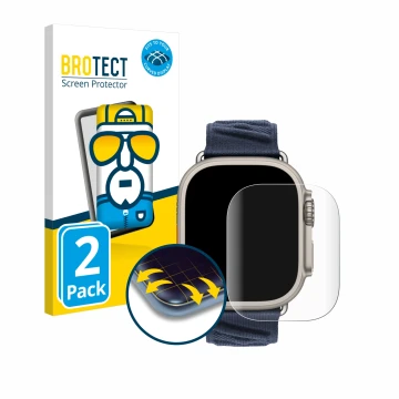 Parte frontal de un envase de producto con el logotipo de la marca BROTECT. Al lado se muestra el dispositivo Apple Watch Herm