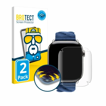 Parte frontal de un envase de producto con el logotipo de la marca BROTECT. Al lado se muestra el dispositivo Apple Watch Herm