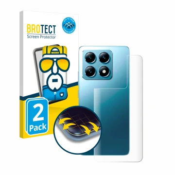 Parte frontal de un envase de producto con el logotipo de la marca BROTECT. Al lado se muestra el dispositivo Xiaomi 14T (Tras