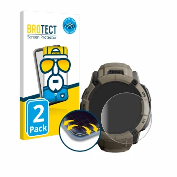 Parte frontal de un envase de producto con el logotipo de la marca BROTECT. Al lado se muestra el dispositivo Garmin Instinct 