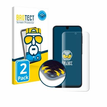 Parte frontal de un envase de producto con el logotipo de la marca BROTECT. Al lado se muestra el dispositivo Samsung Galaxy A