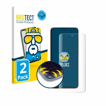 Parte frontal de un envase de producto con el logotipo de la marca BROTECT. Al lado se muestra el dispositivo Motorola Edge 50