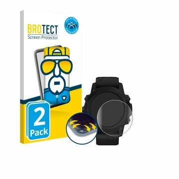 Parte frontal de un envase de producto con el logotipo de la marca BROTECT. Al lado se muestra el dispositivo Garmin Descent G