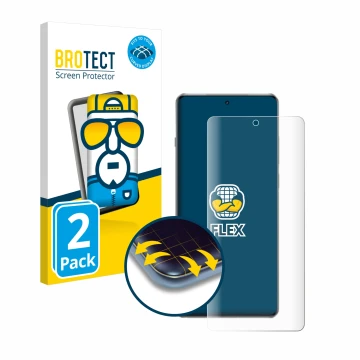 Parte frontal de un envase de producto con el logotipo de la marca BROTECT. Al lado se muestra el dispositivo OnePlus 13R con 