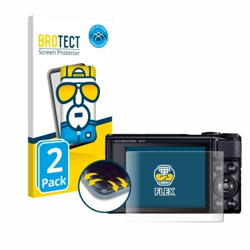 Parte frontal de un envase de producto con el logotipo de la marca BROTECT. Al lado se muestra el dispositivo Canon PowerShot 
