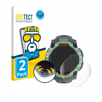 Parte frontal de un envase de producto con el logotipo de la marca BROTECT. Al lado se muestra el dispositivo Garmin Instinct 