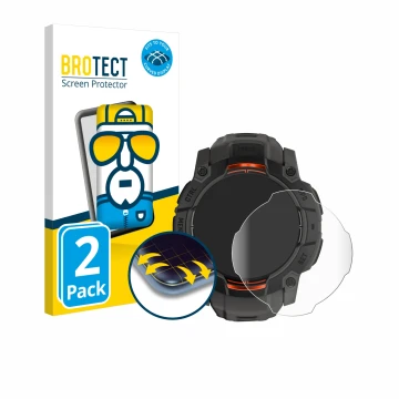 Parte frontal de un envase de producto con el logotipo de la marca BROTECT. Al lado se muestra el dispositivo Garmin Instinct 