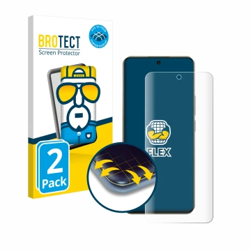 Parte frontal de un envase de producto con el logotipo de la marca BROTECT. Al lado se muestra el dispositivo realme 14 Pro Pl