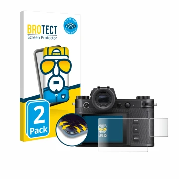 Parte frontal de un envase de producto con el logotipo de la marca BROTECT. Al lado se muestra el dispositivo Leica SL3-S (Pan