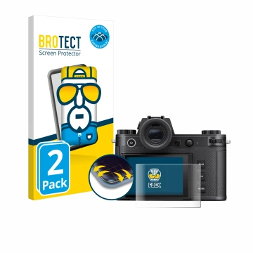 Parte frontal de un envase de producto con el logotipo de la marca BROTECT. Al lado se muestra el dispositivo Leica SL3-S con 