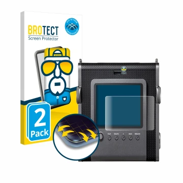 Parte frontal de un envase de producto con el logotipo de la marca BROTECT. Al lado se muestra el dispositivo Fujifilm Instax 