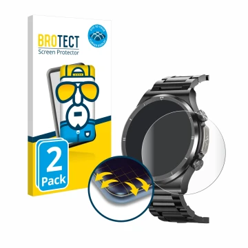 Parte frontal de un envase de producto con el logotipo de la marca BROTECT. Al lado se muestra el dispositivo Banlvs Smartwatc