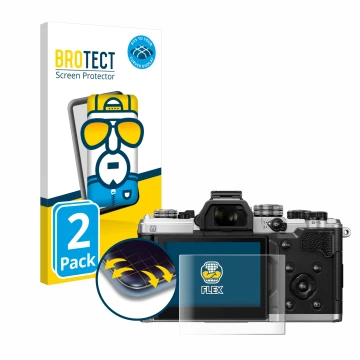 Parte frontal de un envase de producto con el logotipo de la marca BROTECT. Al lado se muestra el dispositivo OM System OM-3 c