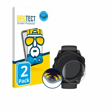 Parte frontal de un envase de producto con el logotipo de la marca BROTECT. Al lado se muestra el dispositivo Garmin Tactix 8 