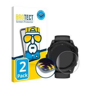 Parte frontal de un envase de producto con el logotipo de la marca BROTECT. Al lado se muestra el dispositivo Garmin Tactix 8 