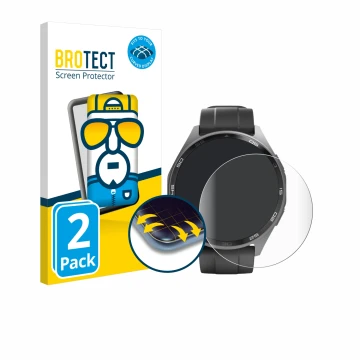 Parte frontal de un envase de producto con el logotipo de la marca BROTECT. Al lado se muestra el dispositivo Hama Smartwatch 