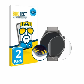 Parte frontal de un envase de producto con el logotipo de la marca BROTECT. Al lado se muestra el dispositivo Hama Smartwatch 