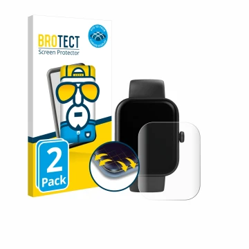 Parte frontal de un envase de producto con el logotipo de la marca BROTECT. Al lado se muestra el dispositivo Hama Smartwatch 