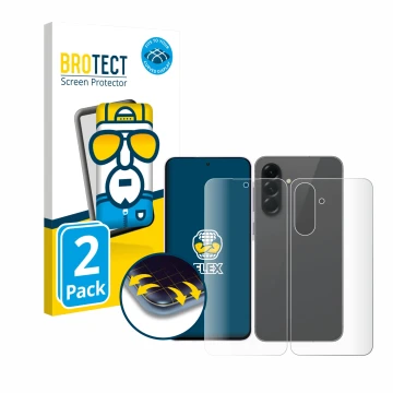 Parte frontal de un envase de producto con el logotipo de la marca BROTECT. Al lado se muestra el dispositivo Samsung Galaxy A